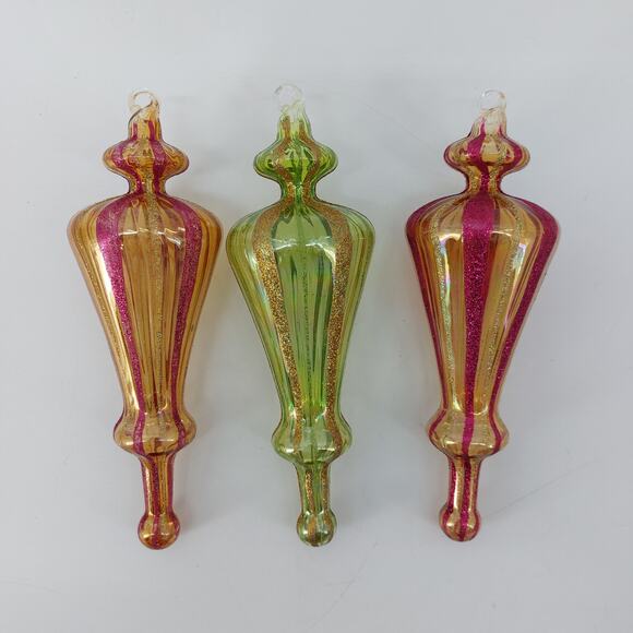 (3) Vtg Art Blown Glass Drop Christmas Ornament Pink Green - Picture 2 of 16